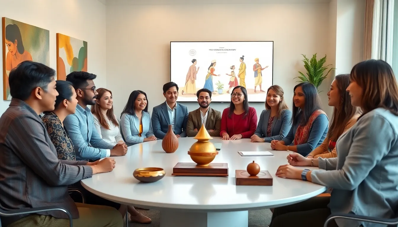 diverse group discussing cultural heritage in a modern office.