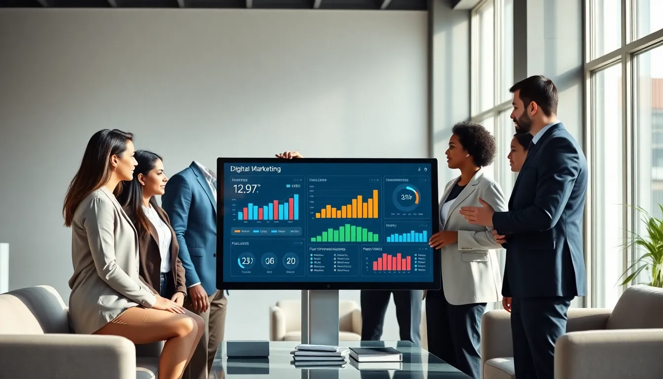 diverse marketing team analyzing digital measurement tools in a modern office.