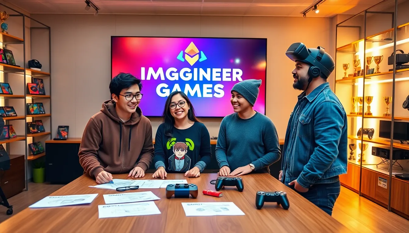 a diverse team collaborating in a modern gaming office.