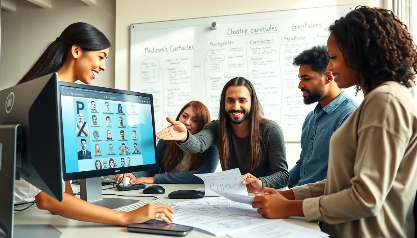 diverse team collaborating on character designs for a game.