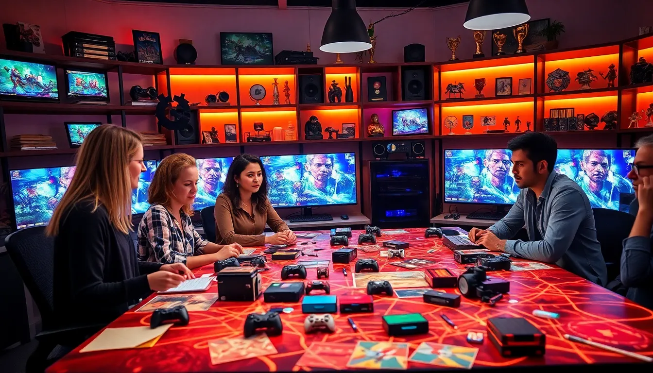 game developers collaborate in a modern gaming studio in the US.