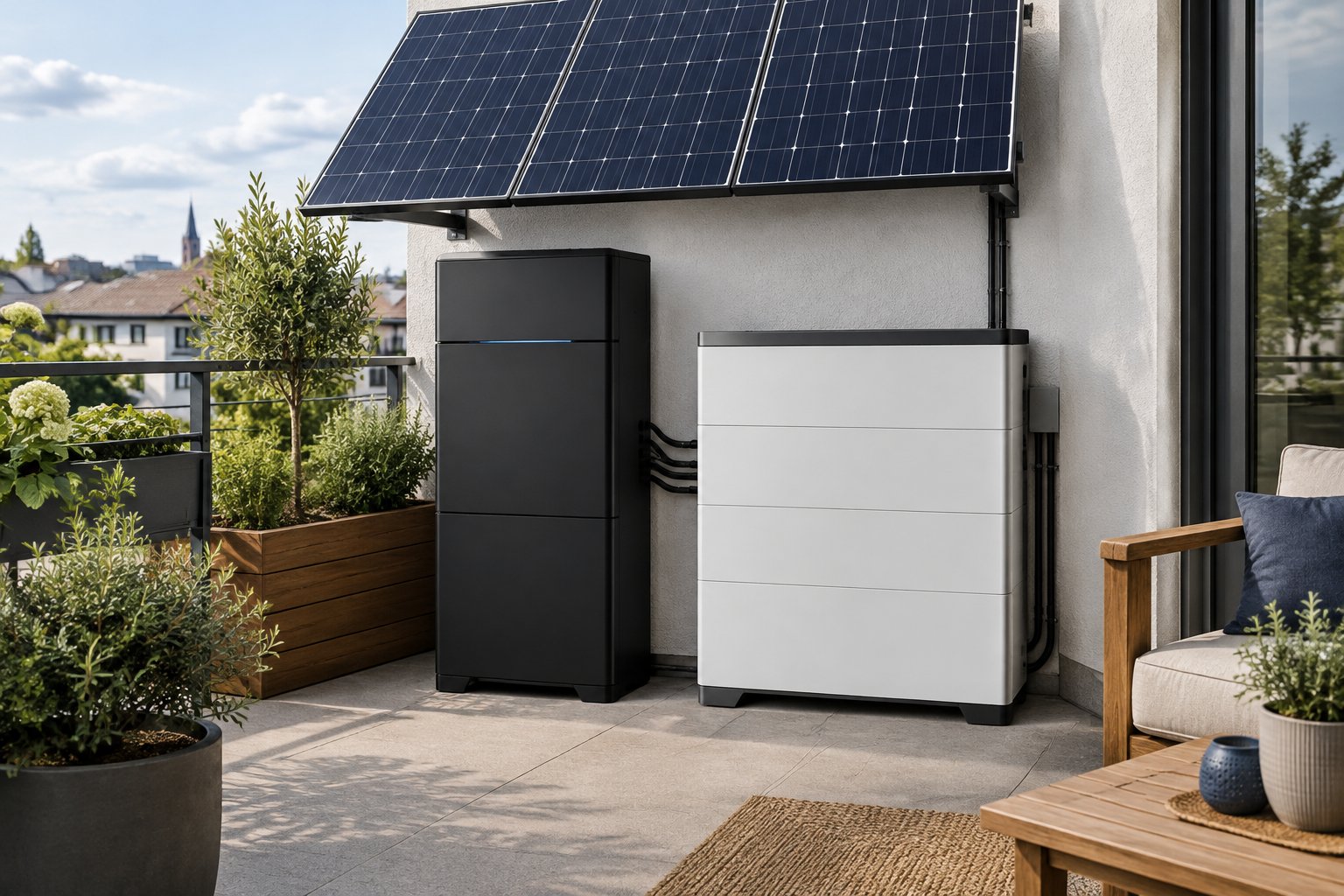 Zwei Balkonkraftwerk-Speicher neben Photovoltaikmodulen im Vergleich