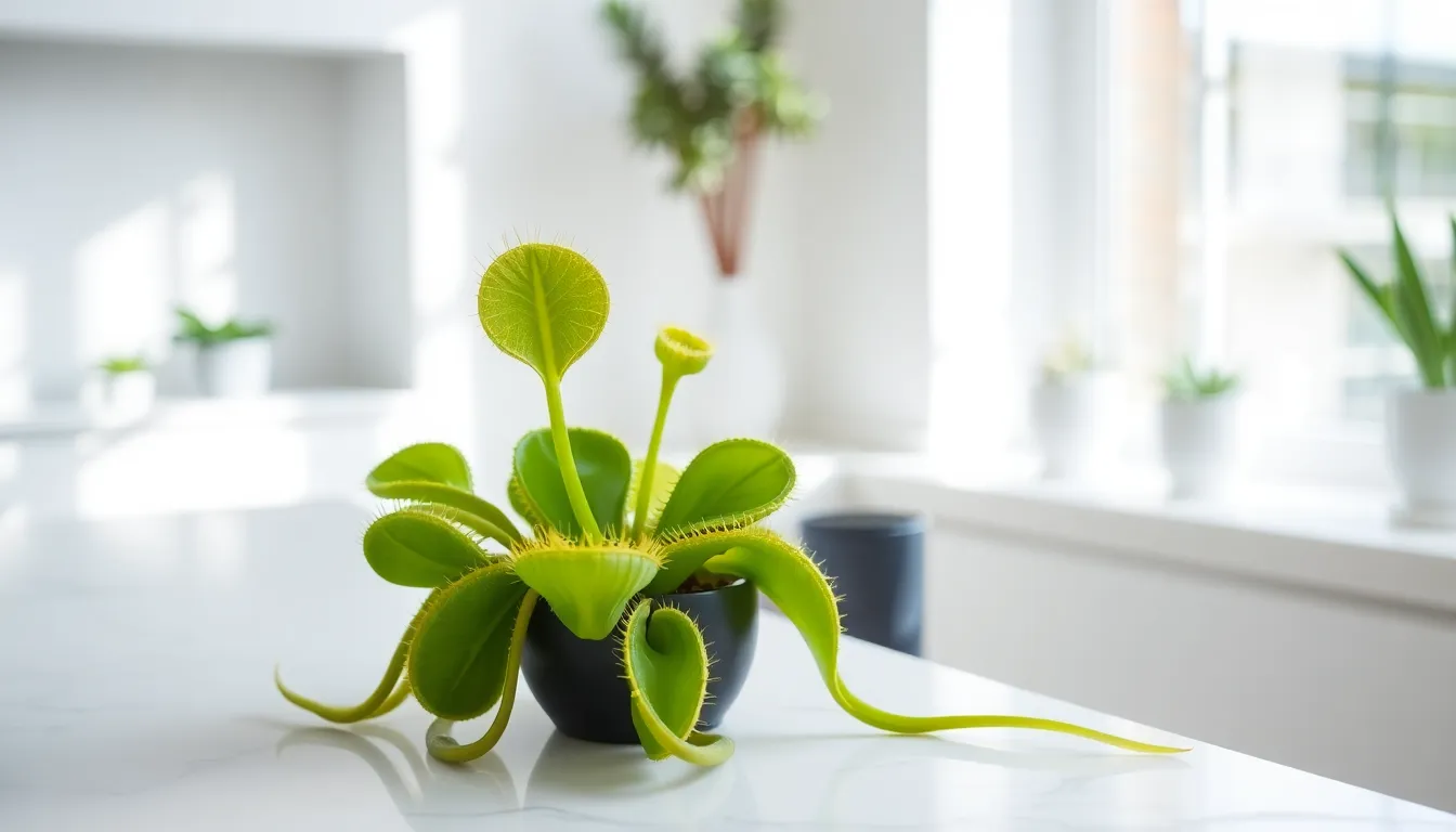 close-up of a healthy Venus flytrap in a modern home.
