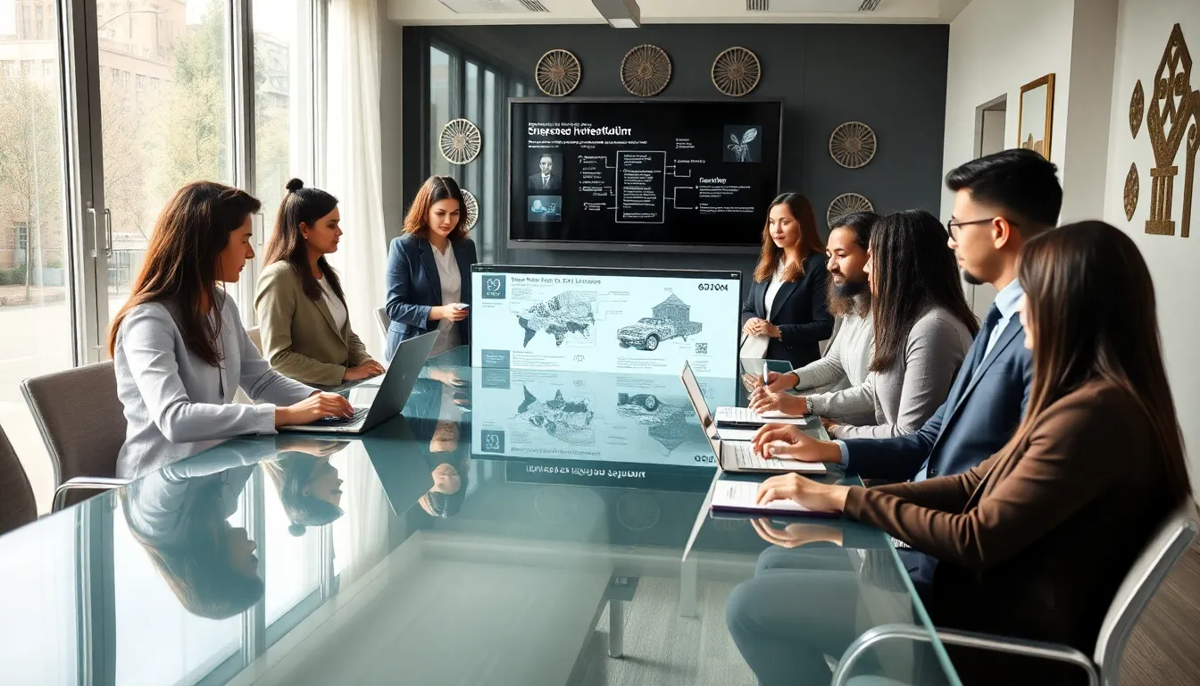 diverse team discussing cultural significance in a modern office setting.