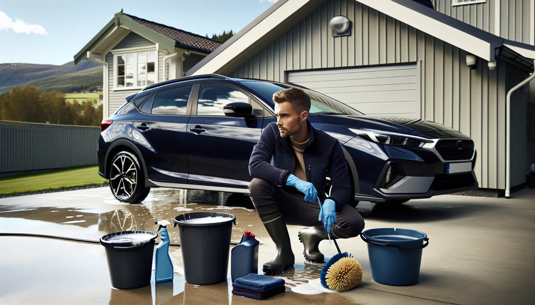 Norwegian man setting up a proper car wash area with correct tools and surface.