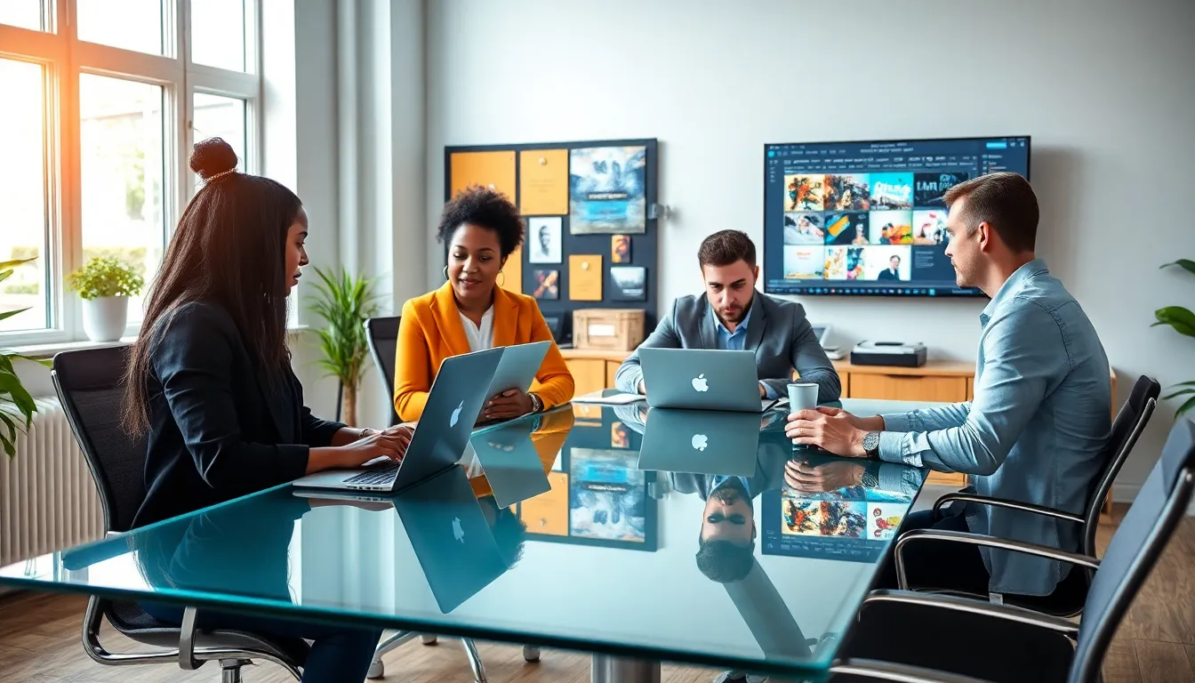 diverse professionals collaborating on graphic design in a modern office.