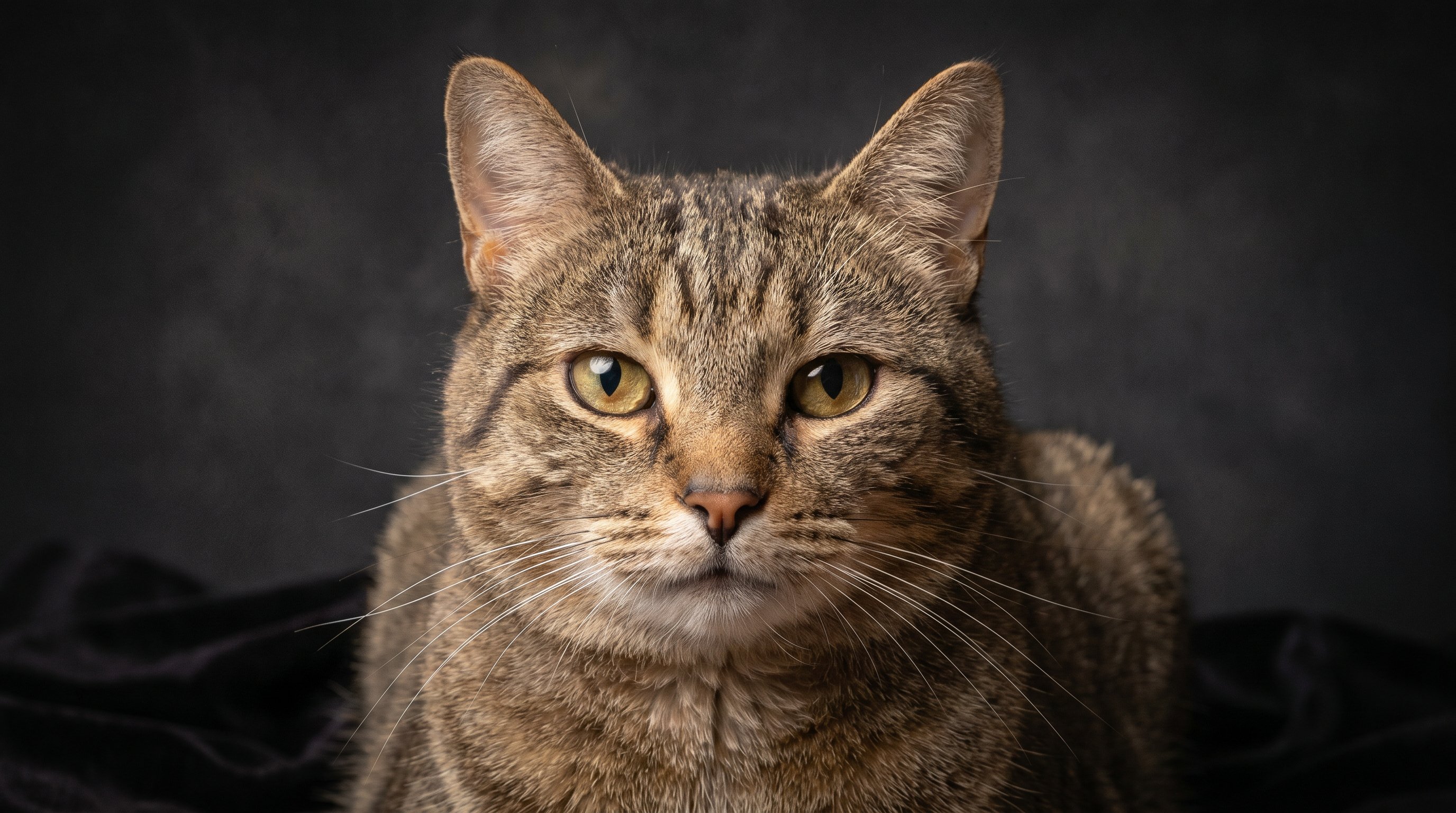 close, dignified cat headshot with sharp eyes and dark painterly background