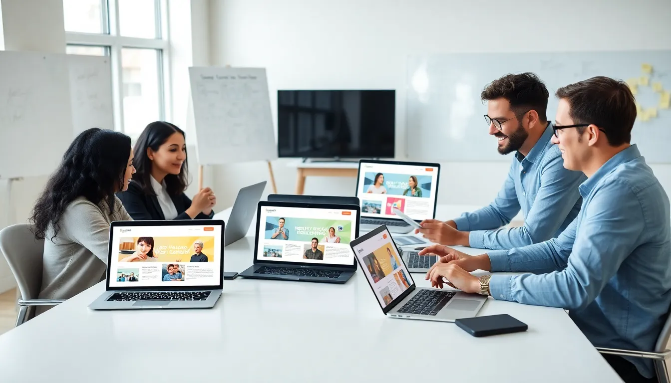 diverse team collaborating on website design in a modern office.