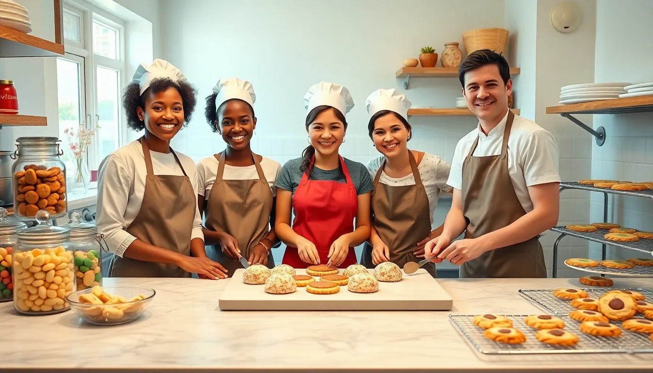 diverse bakers decorating cookies in a cozy kitchen.
