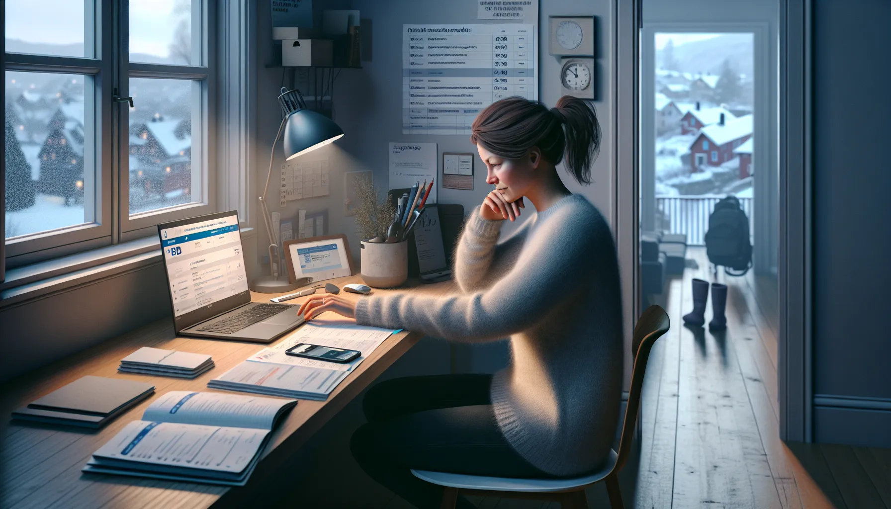 Woman in norway comparing part-time and online education options at home desk.