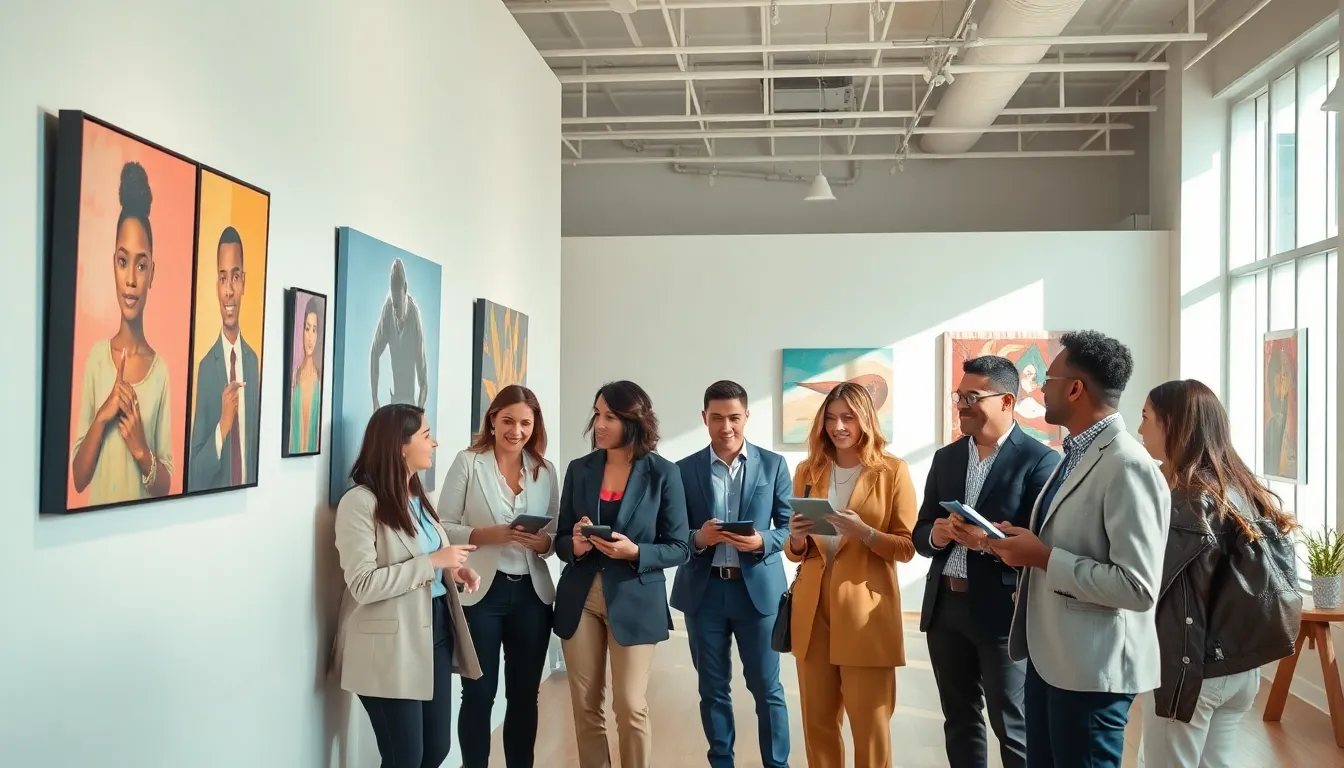 diverse artists discussing Jrcbahby in a modern art gallery.