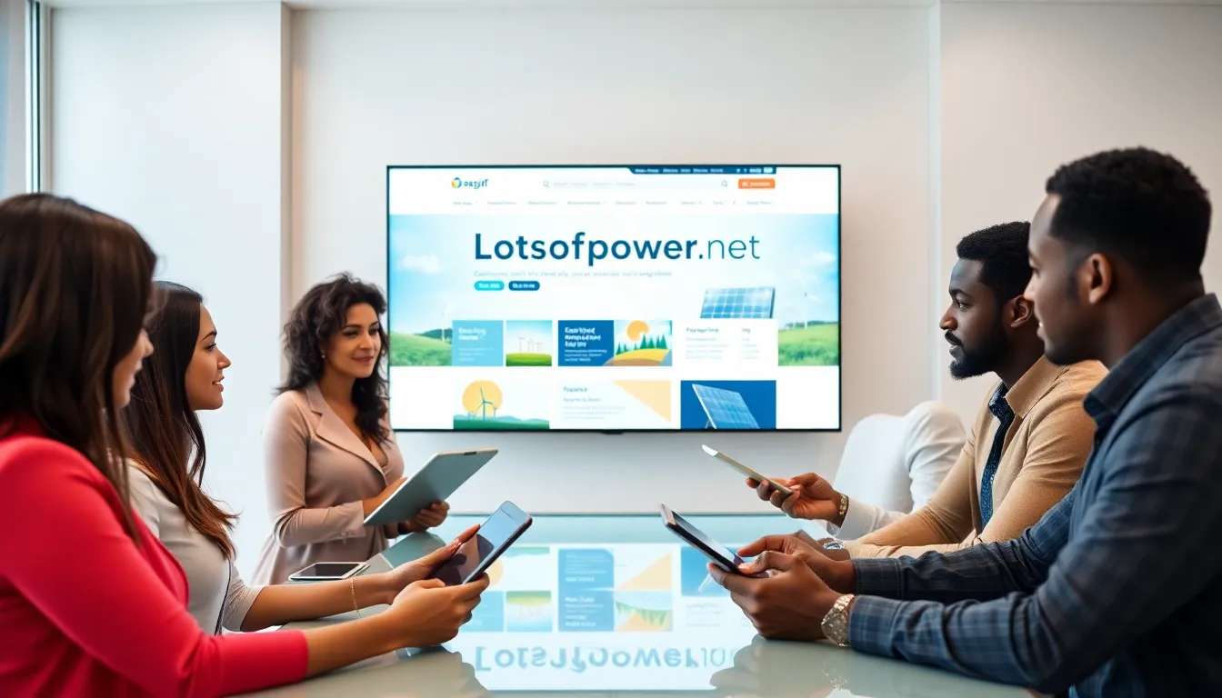 professionals analyzing an energy solutions website in a modern office.