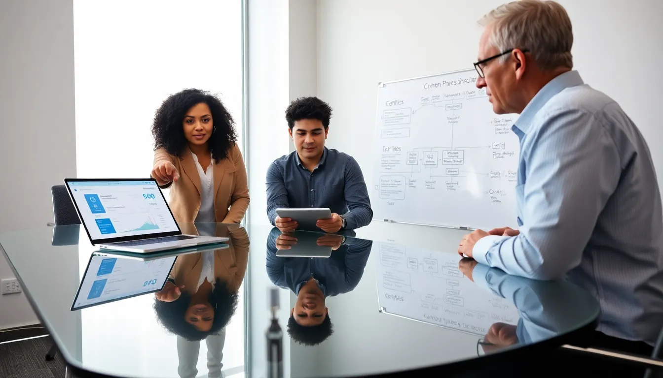 team discussing caller ID analytics in a modern office.
