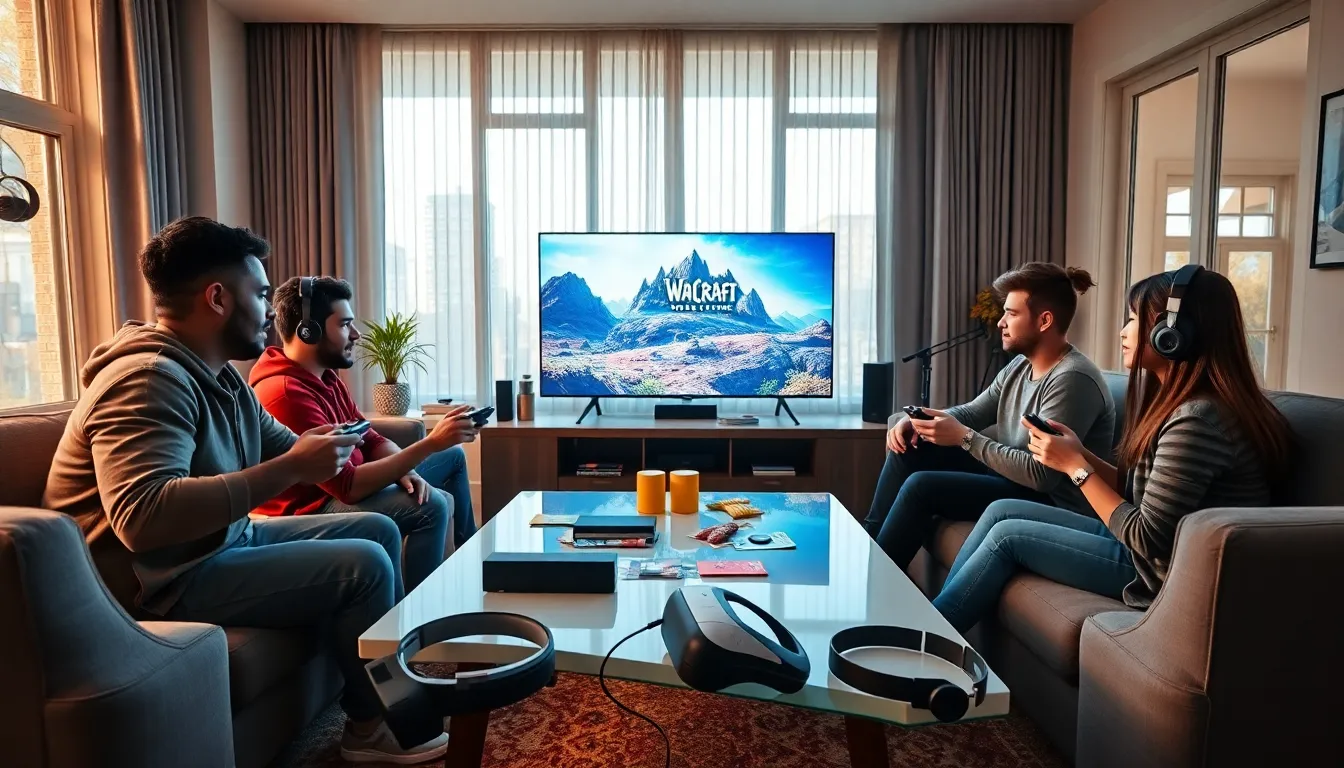 diverse gamers enjoying Wow for PS5 in a cozy living room.