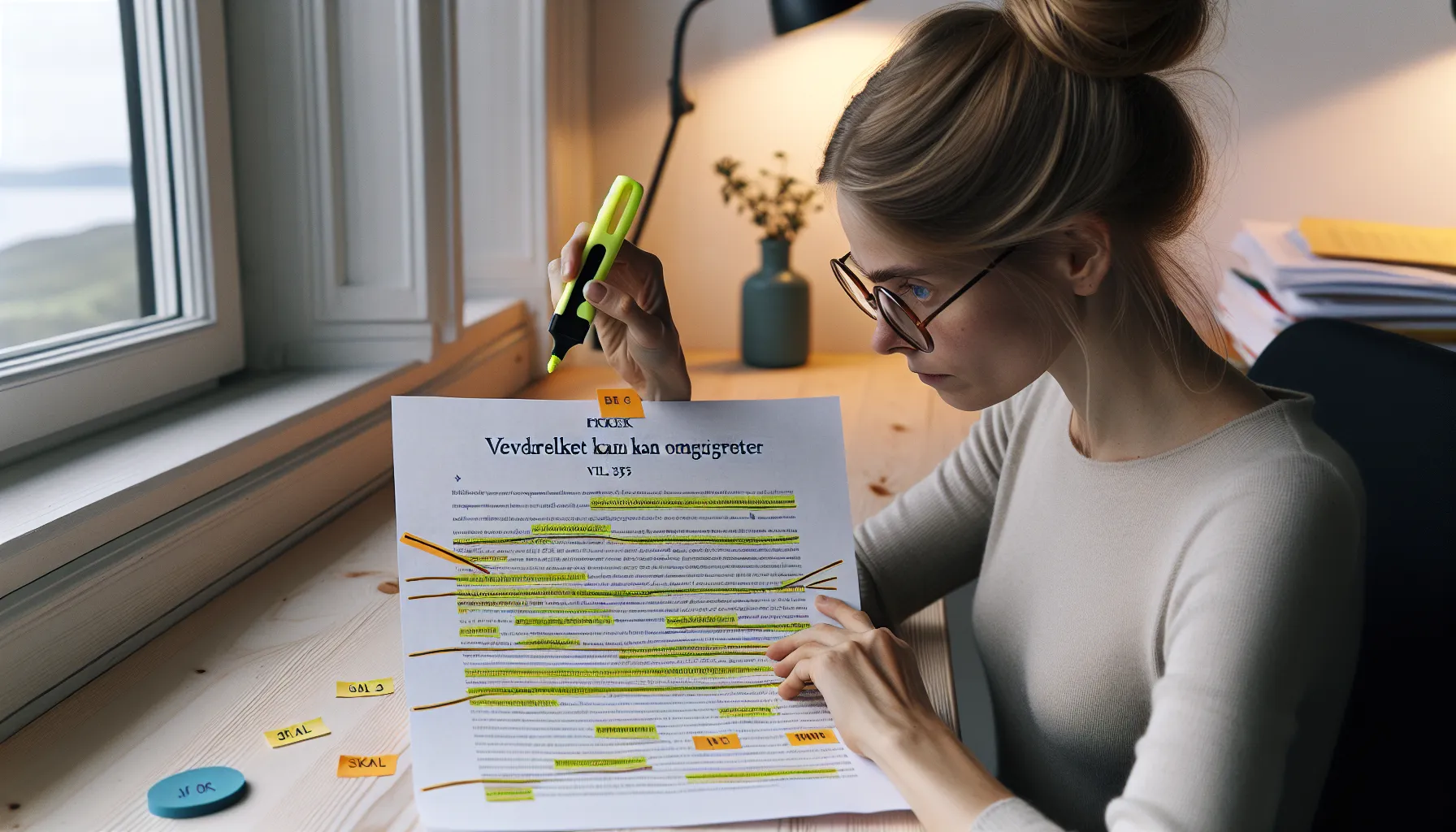 Norwegian woman highlighting complex public document and checking legal cross-references.