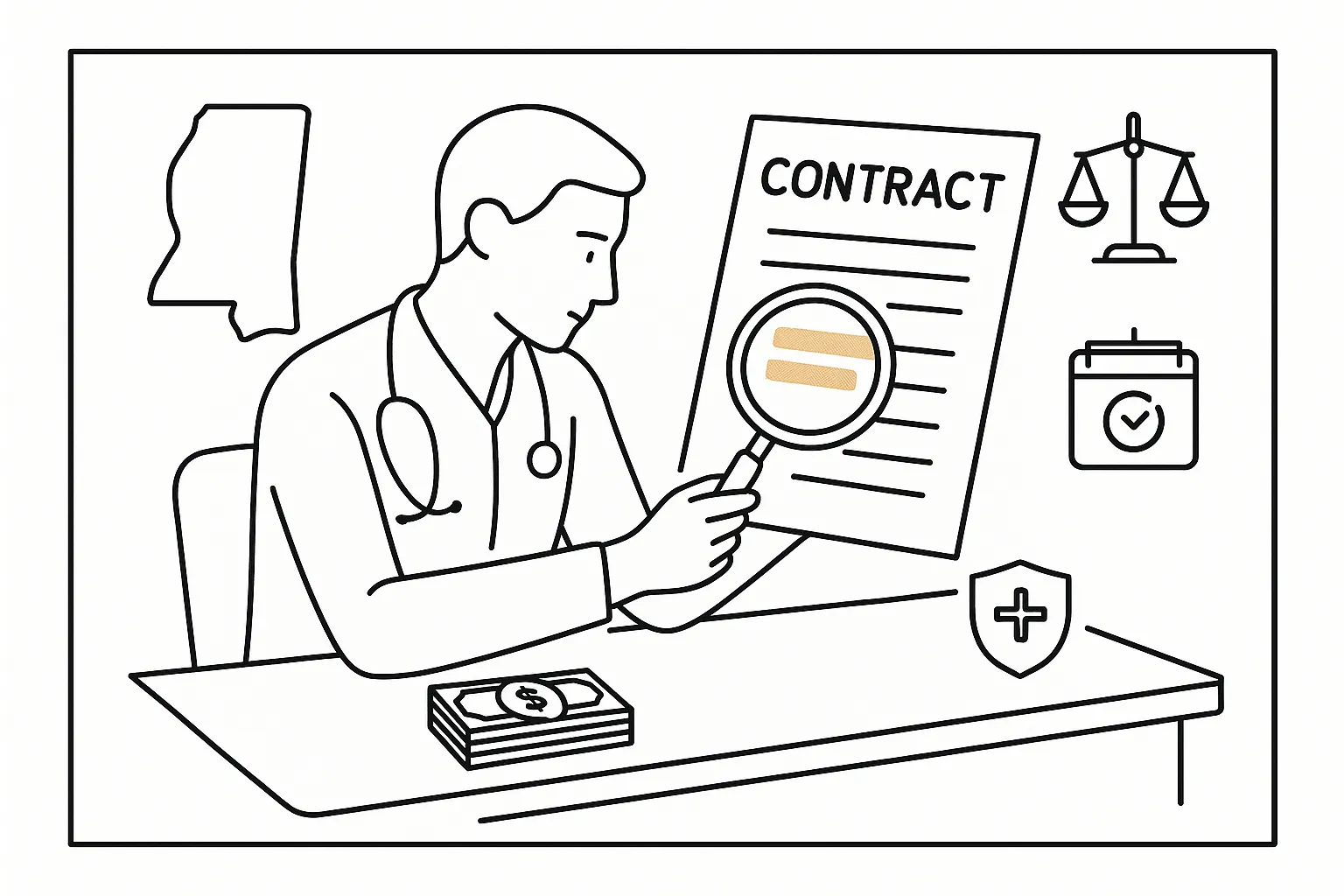 Physician assistant at desk examining a contract with magnifying glass and icons of Mississippi Physician Assistant Contract Review.