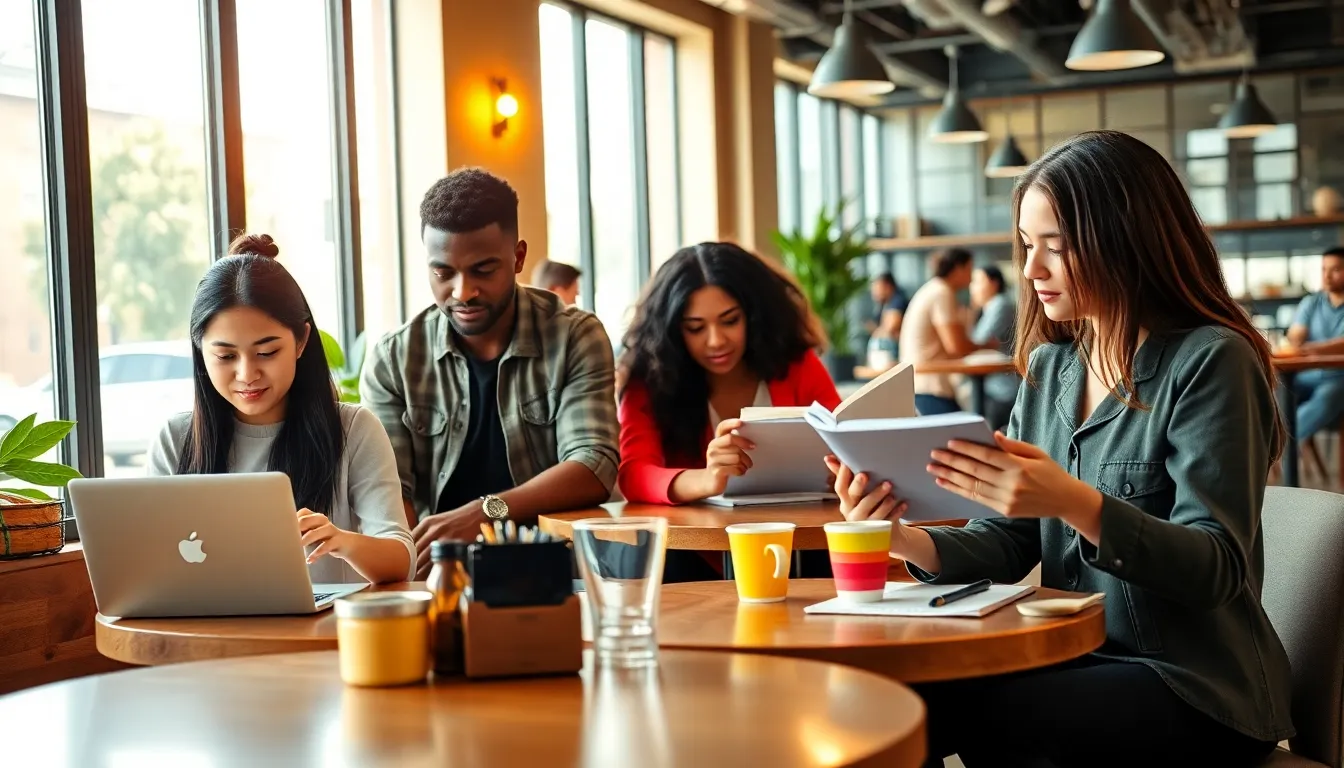 students engaged in side hustles in a modern coffee shop.