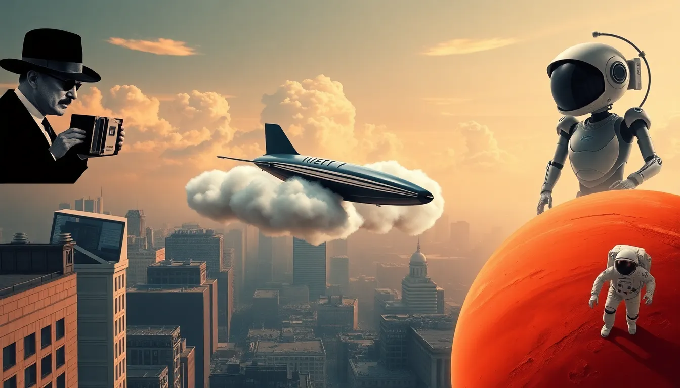 collage of historical future predictions, including flying machines and robots.