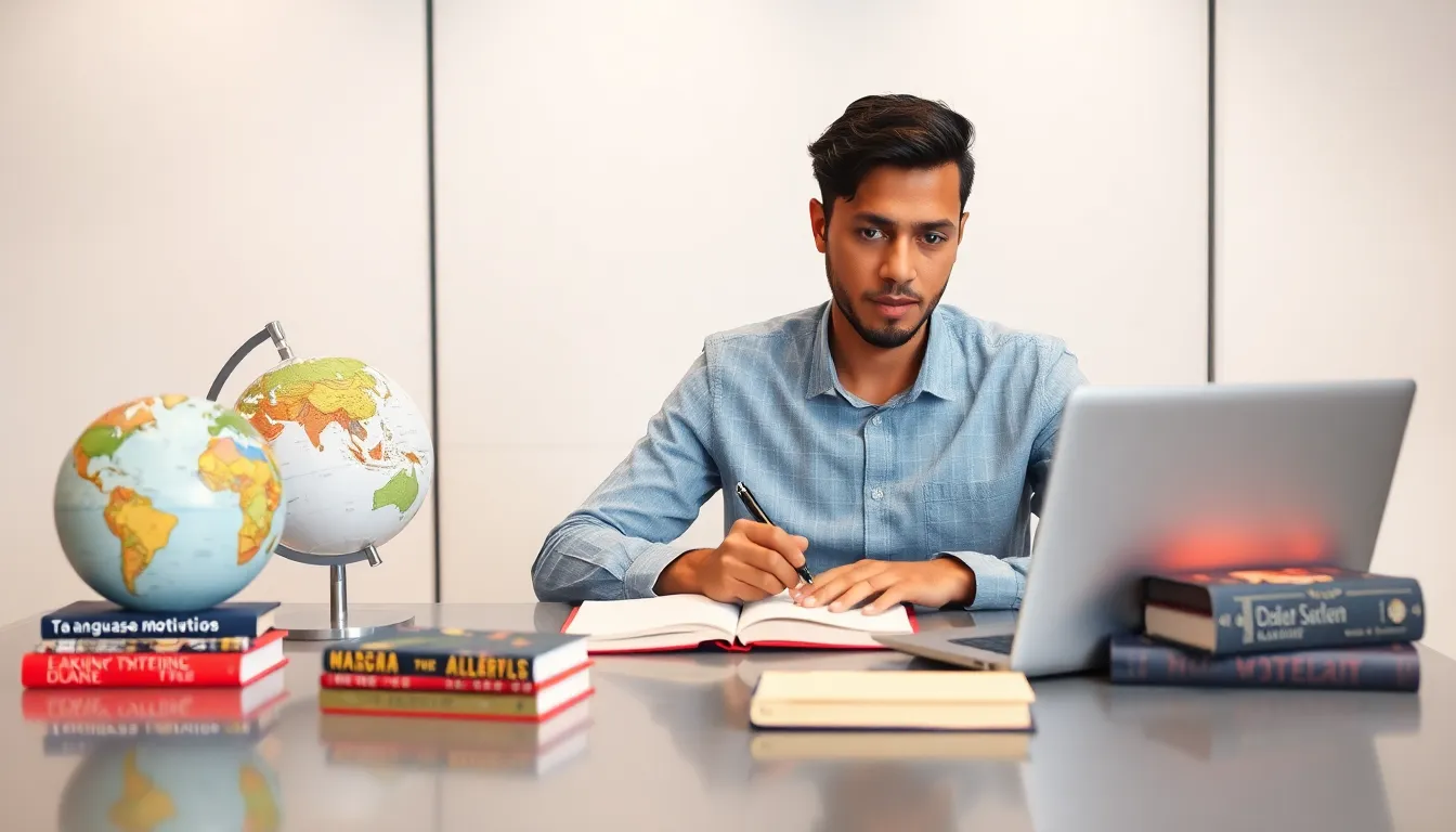 individual reflecting on language learning motivations at a modern desk.