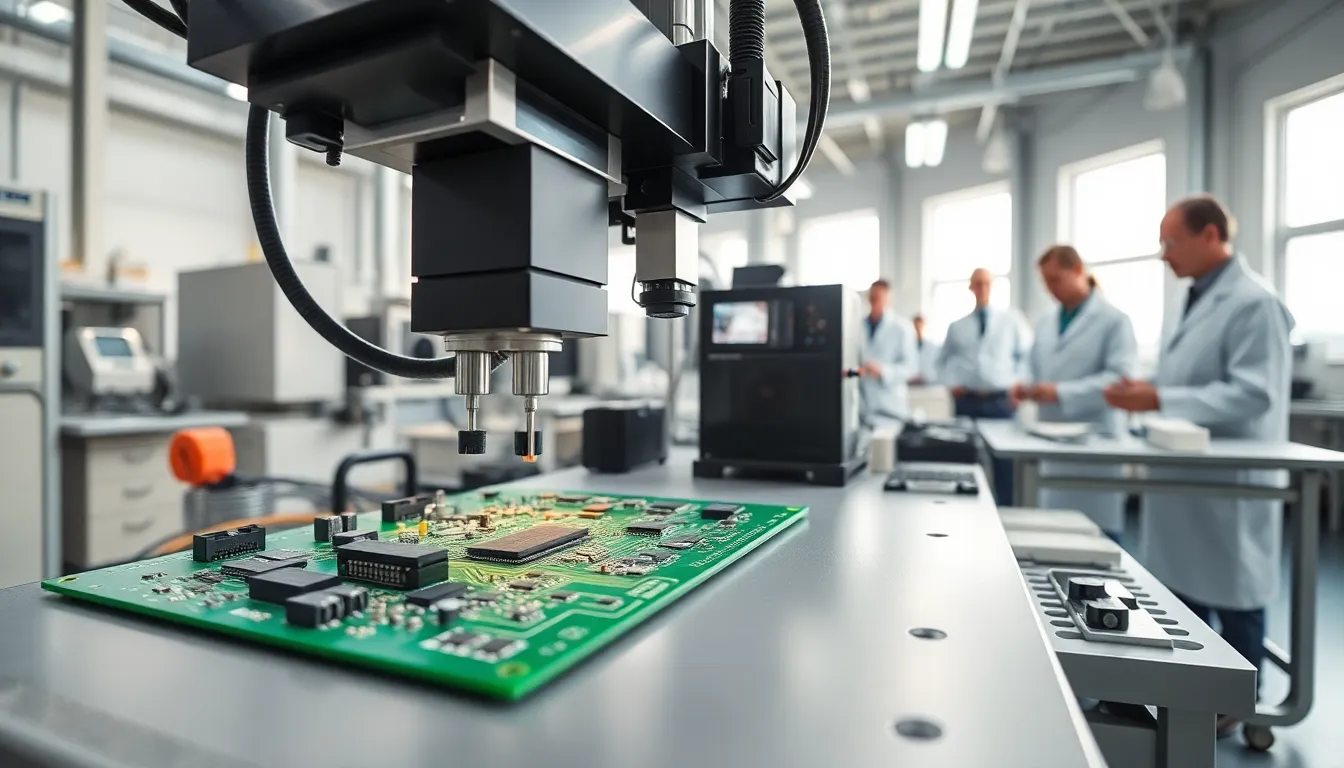 Technicians and machines assembling electronic components on a circuit board.