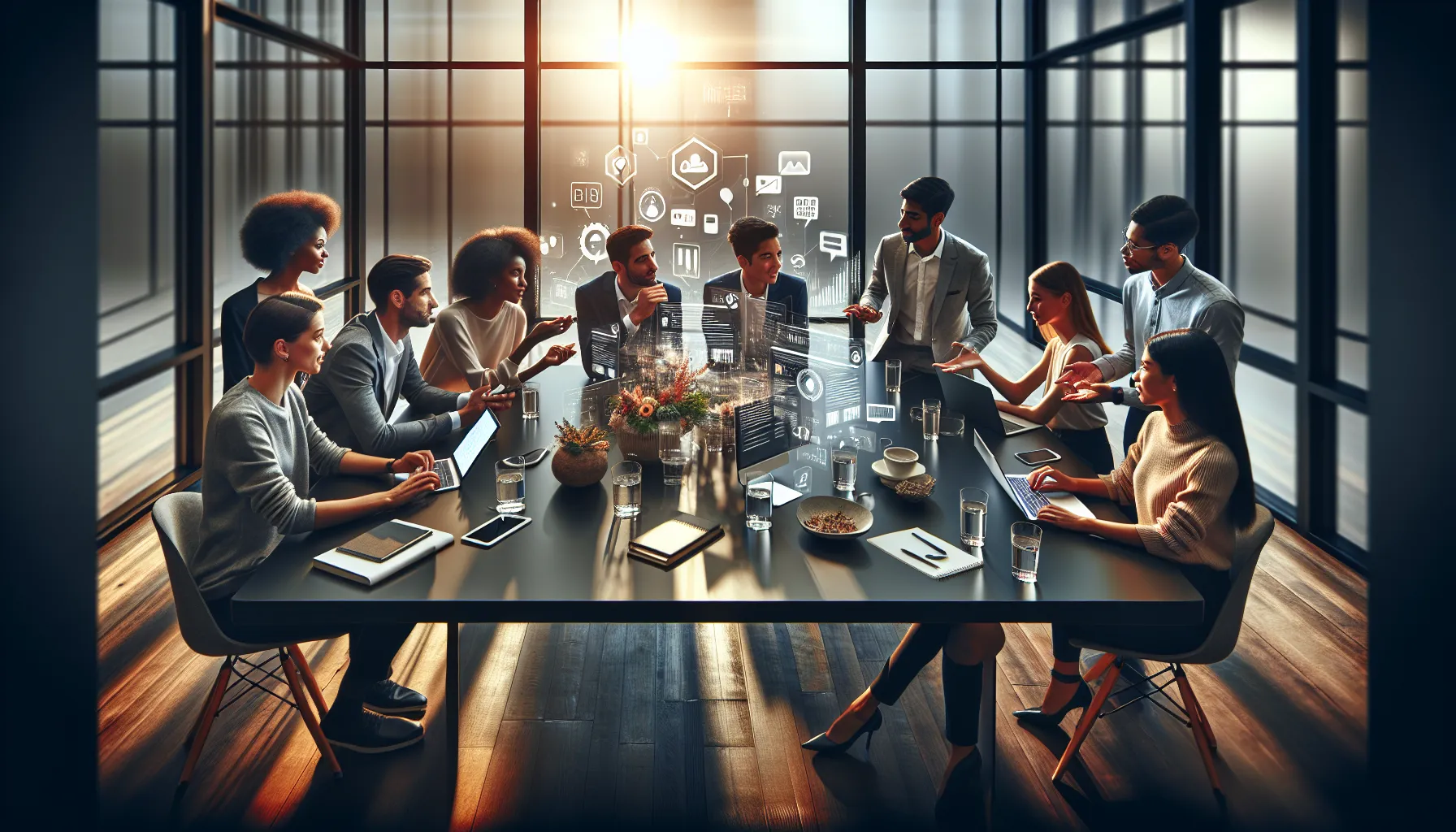 diverse team discussing social media challenges in a modern office.