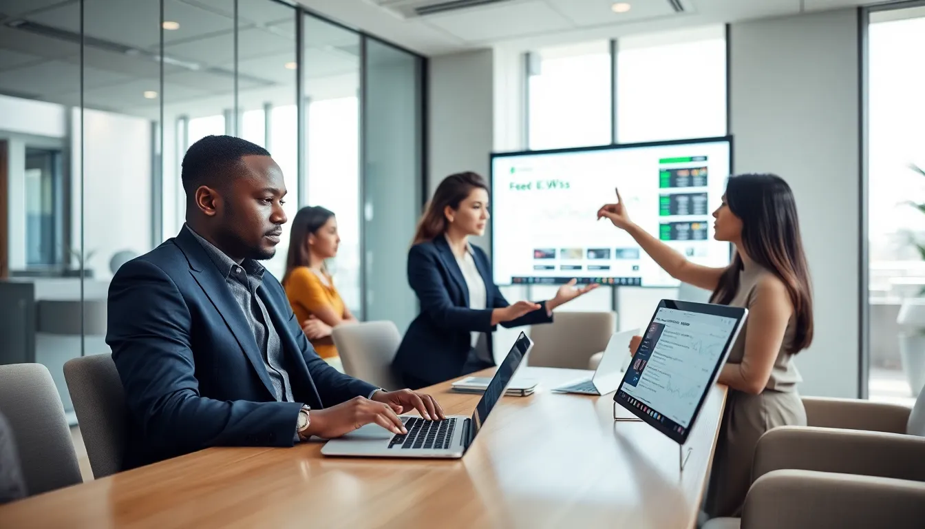 professionals discussing cryptocurrency news in a modern office.