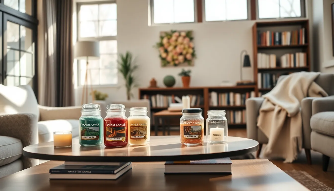 cozy living room with Yankee Candles on a coffee table.