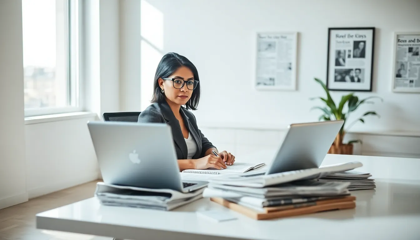 a writer composing an editorial article in a modern office.