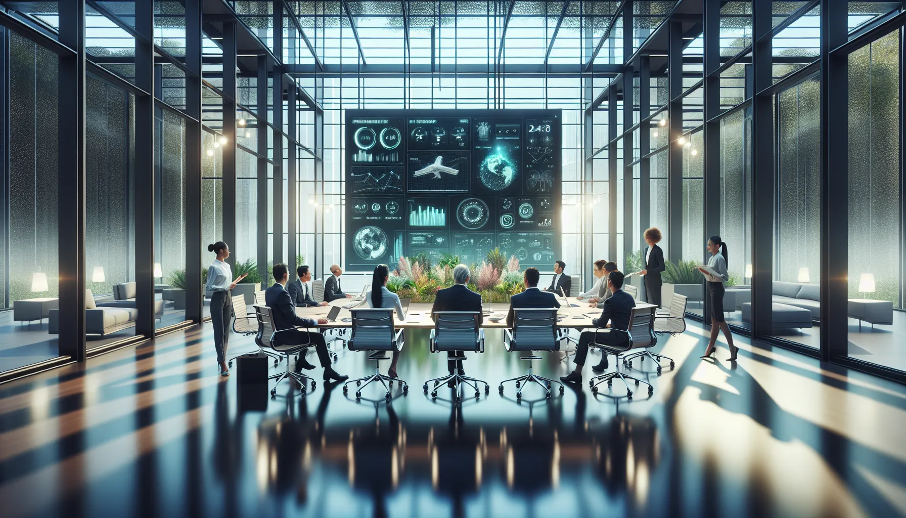 diverse team collaborating on AI and sustainability trends in a modern office.