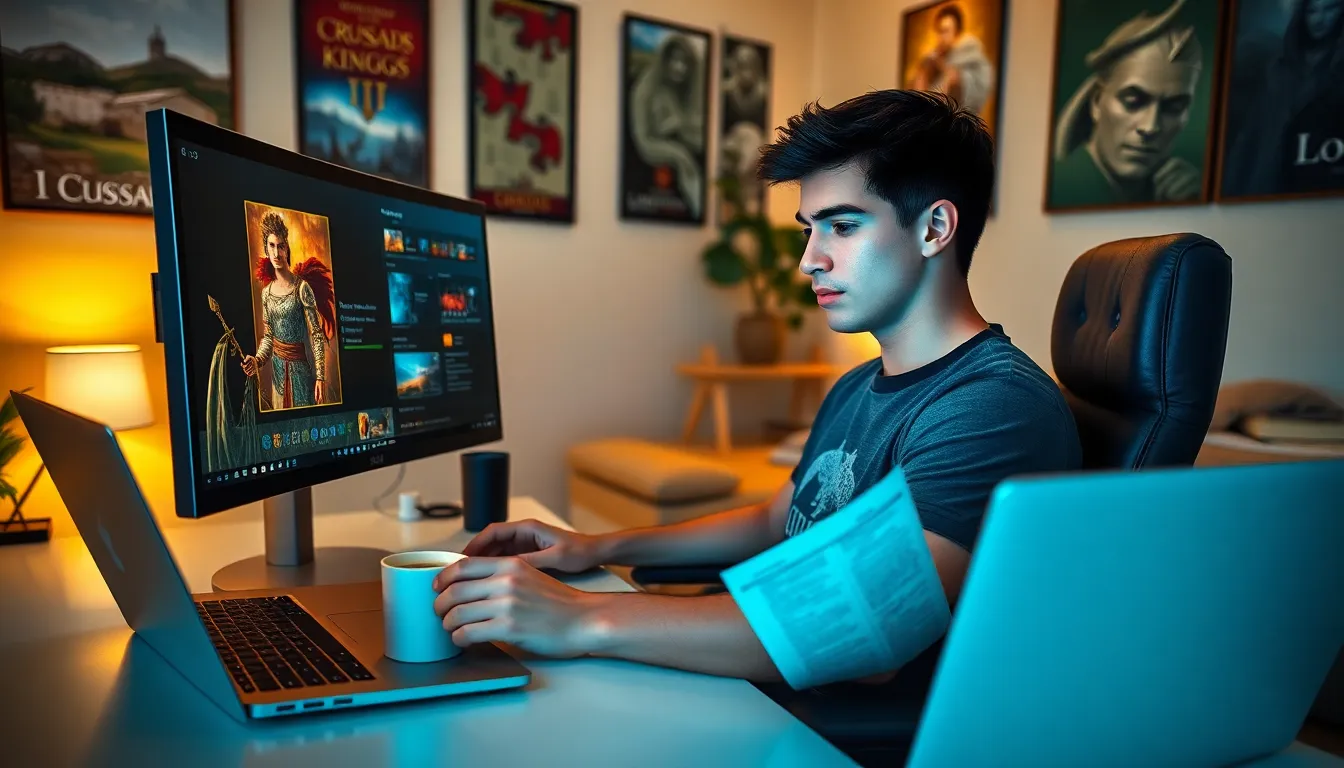 a young man gaming with a dual monitor setup in a cozy room.