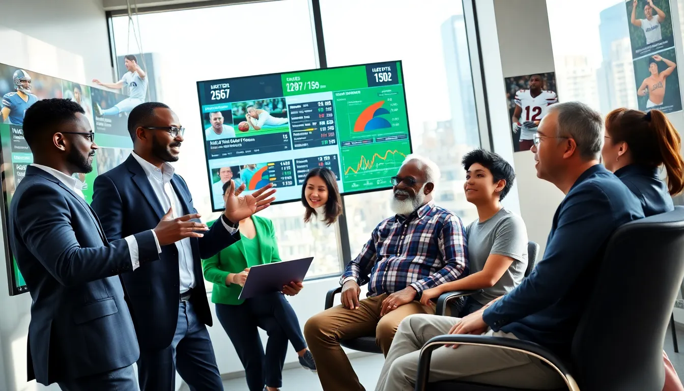 Sports analysts discussing real-time updates in a modern office.