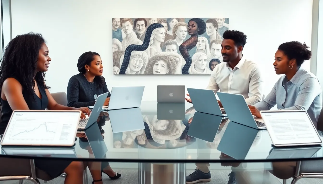 diverse professionals discussing the meanings of djkvfhn in a modern office.