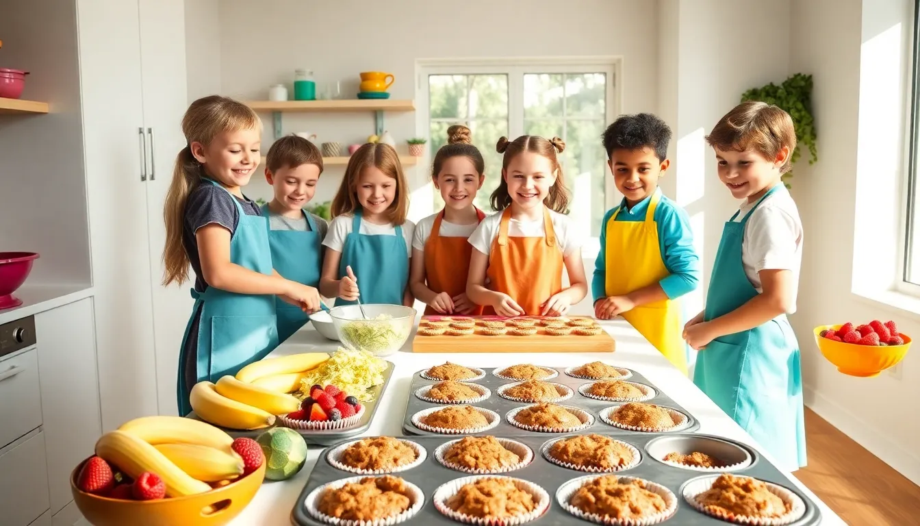 children happily baking healthy muffins in a bright kitchen.