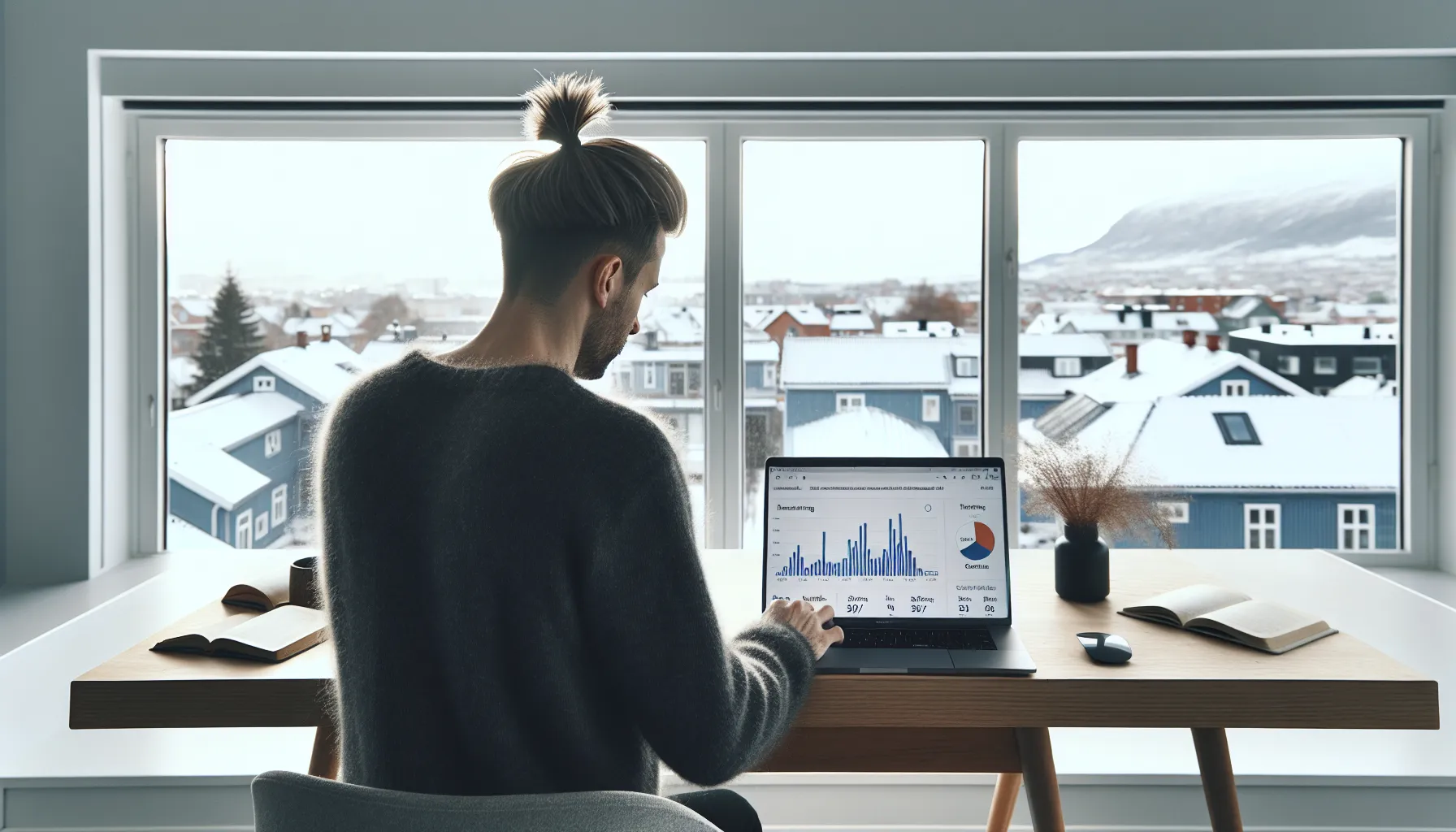 Norwegian marketer reviews Google Trends filters and seasonal peaks on a laptop.