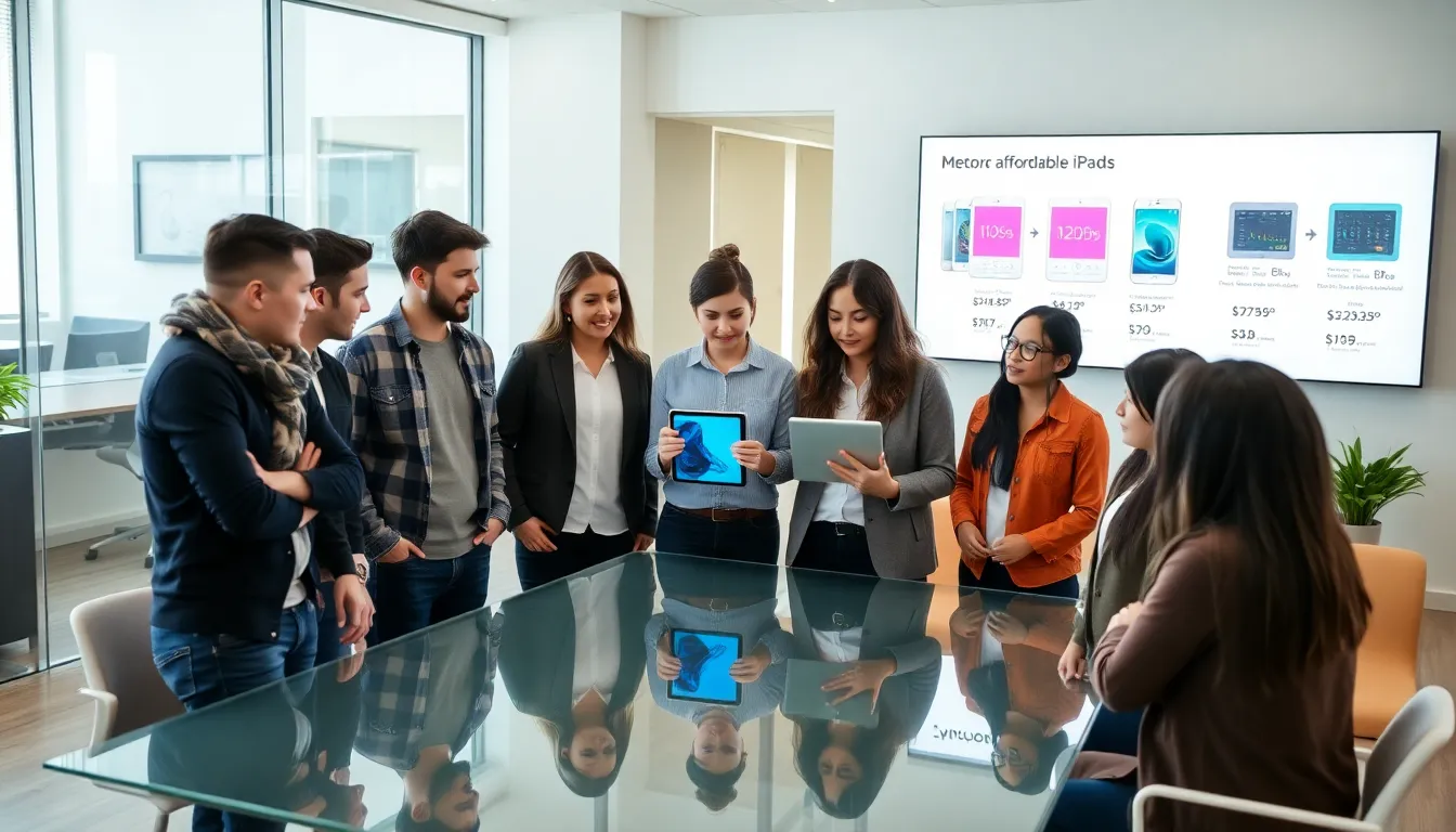 diverse professionals discussing iPads in a modern office.