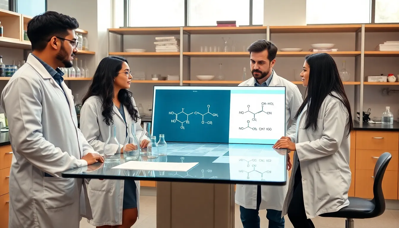 chemists discussing organic reactions in a modern laboratory.