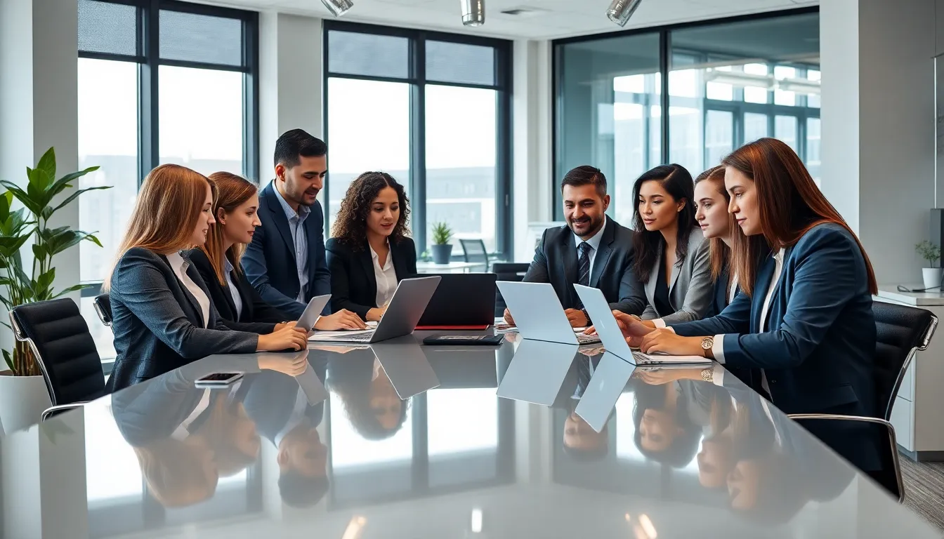 diverse team in a modern office discussing property management services.