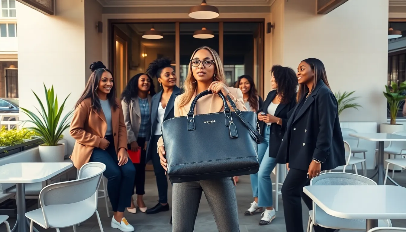 group of stylish friends showcasing a viral Coach bag in an urban café.