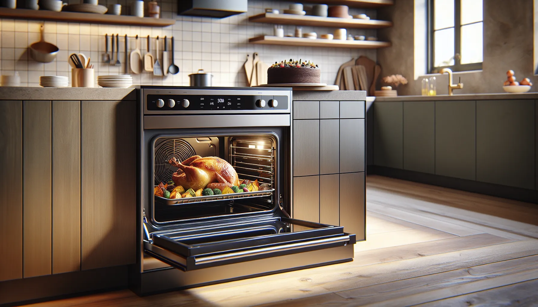 A convection oven with chicken roasting and baked dessert cooling nearby.