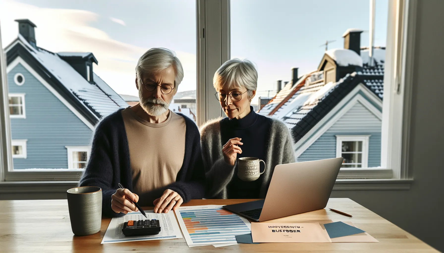De beste sparestrategiene for pensjonister i norge 2 Norwegian retirees review budget and buffer savings at a sunlit kitchen table.