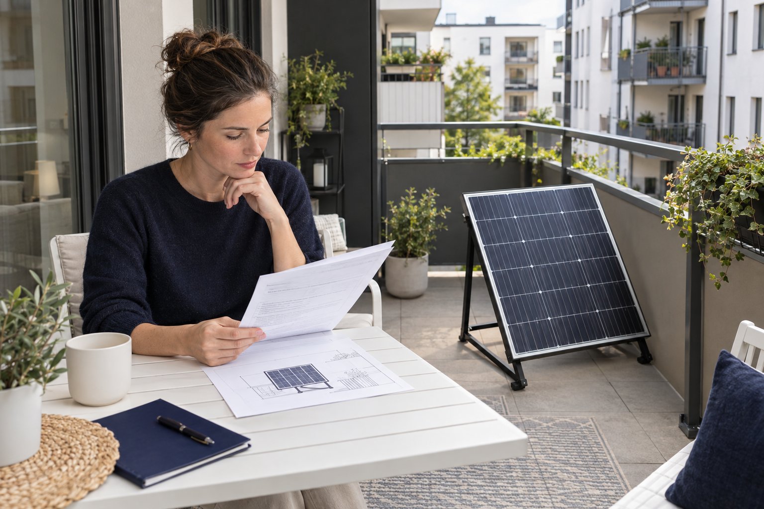 Mieter prüft Montageunterlagen neben einem frei stehenden Solarmodul auf dem Balkon