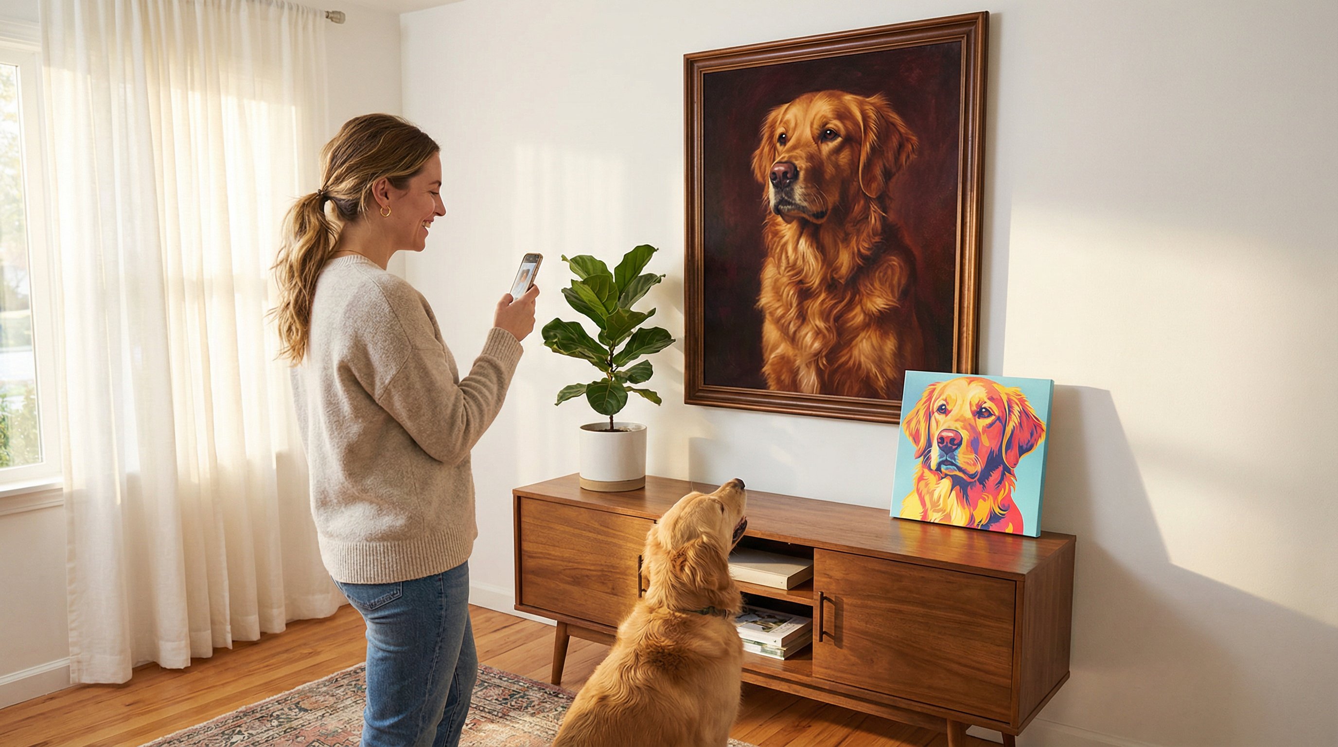 Woman admiring a custom dog painting on her living room wall beside her golden retriever.
