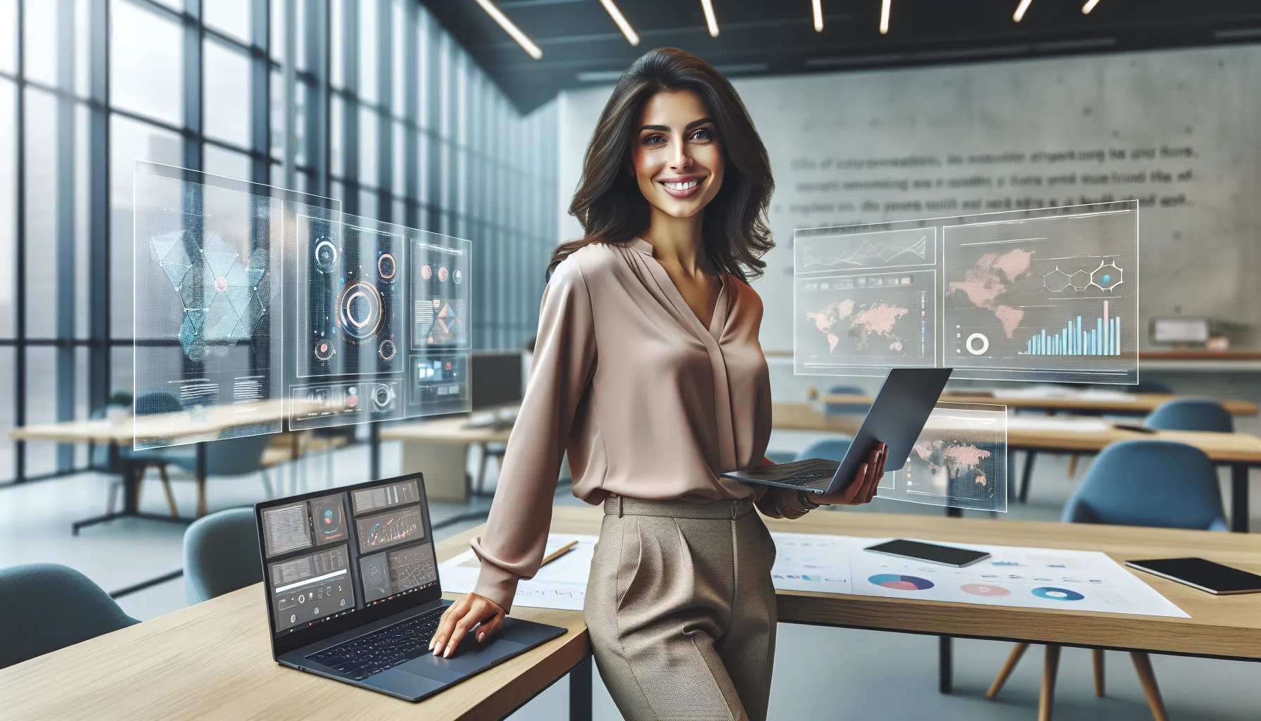 Professional in a modern office, engaged in digital collaboration.