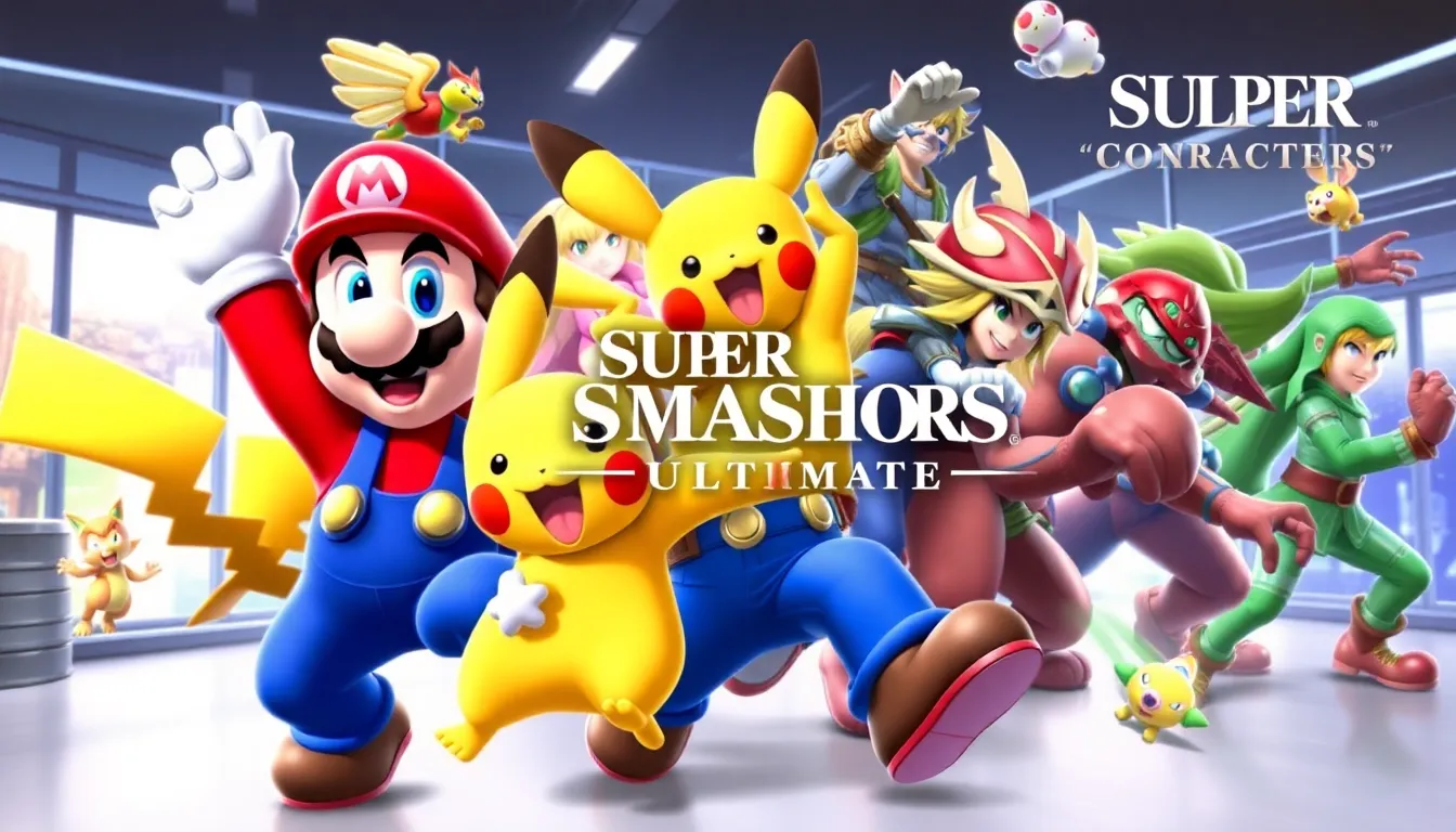 collage of Super Smash Bros Ultimate characters in action poses.