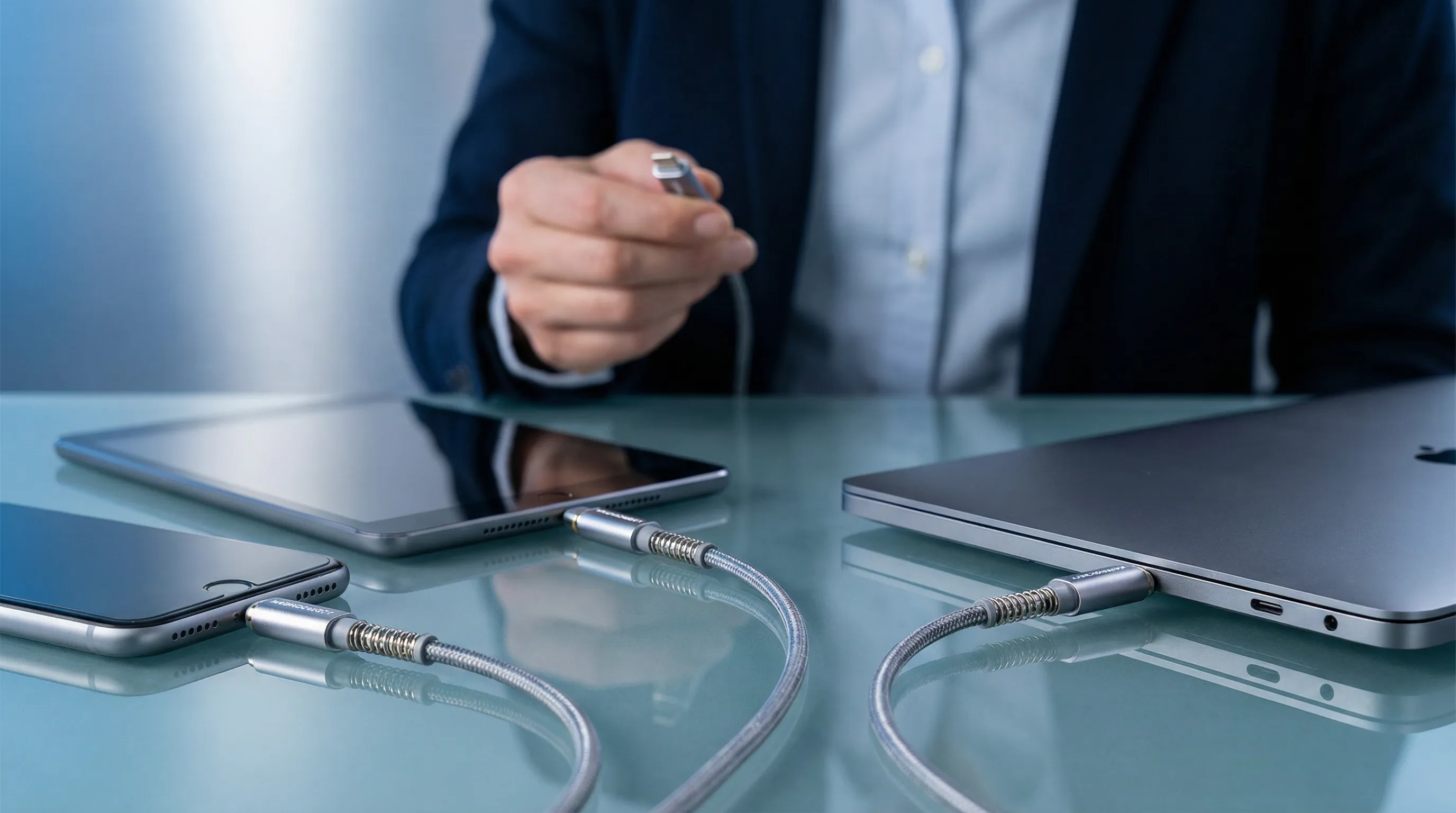 Close-up of magnetic connectors on various modern devices.