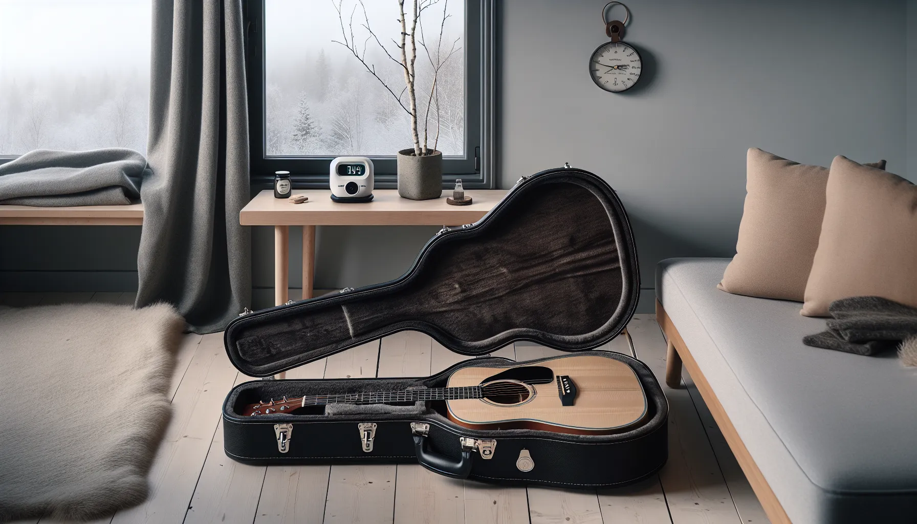 Open guitar case with humidifier and hygrometer in a nordic living room.