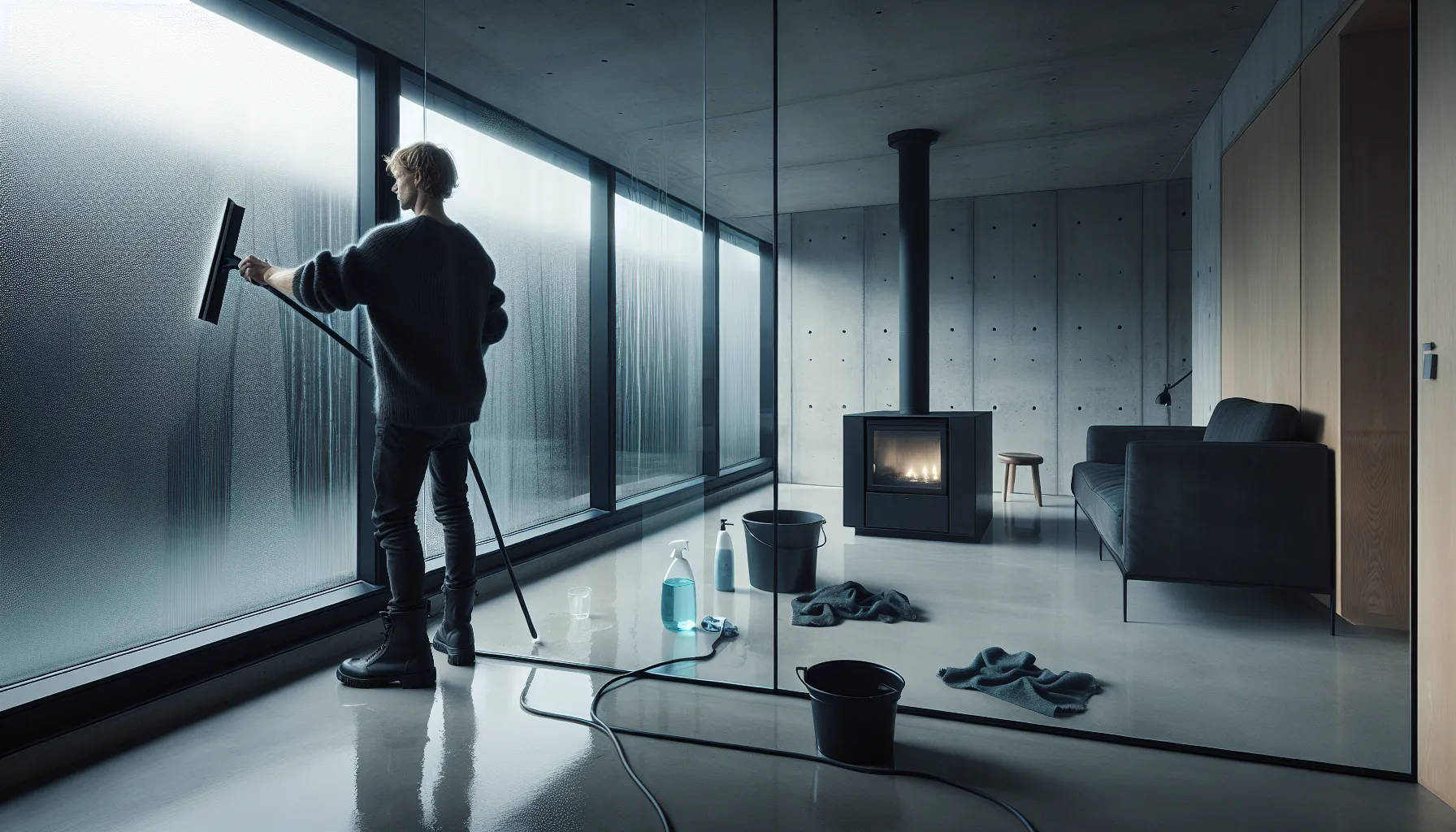 Norwegian man squeegees a cool window; shower and mirror show common glass issues.