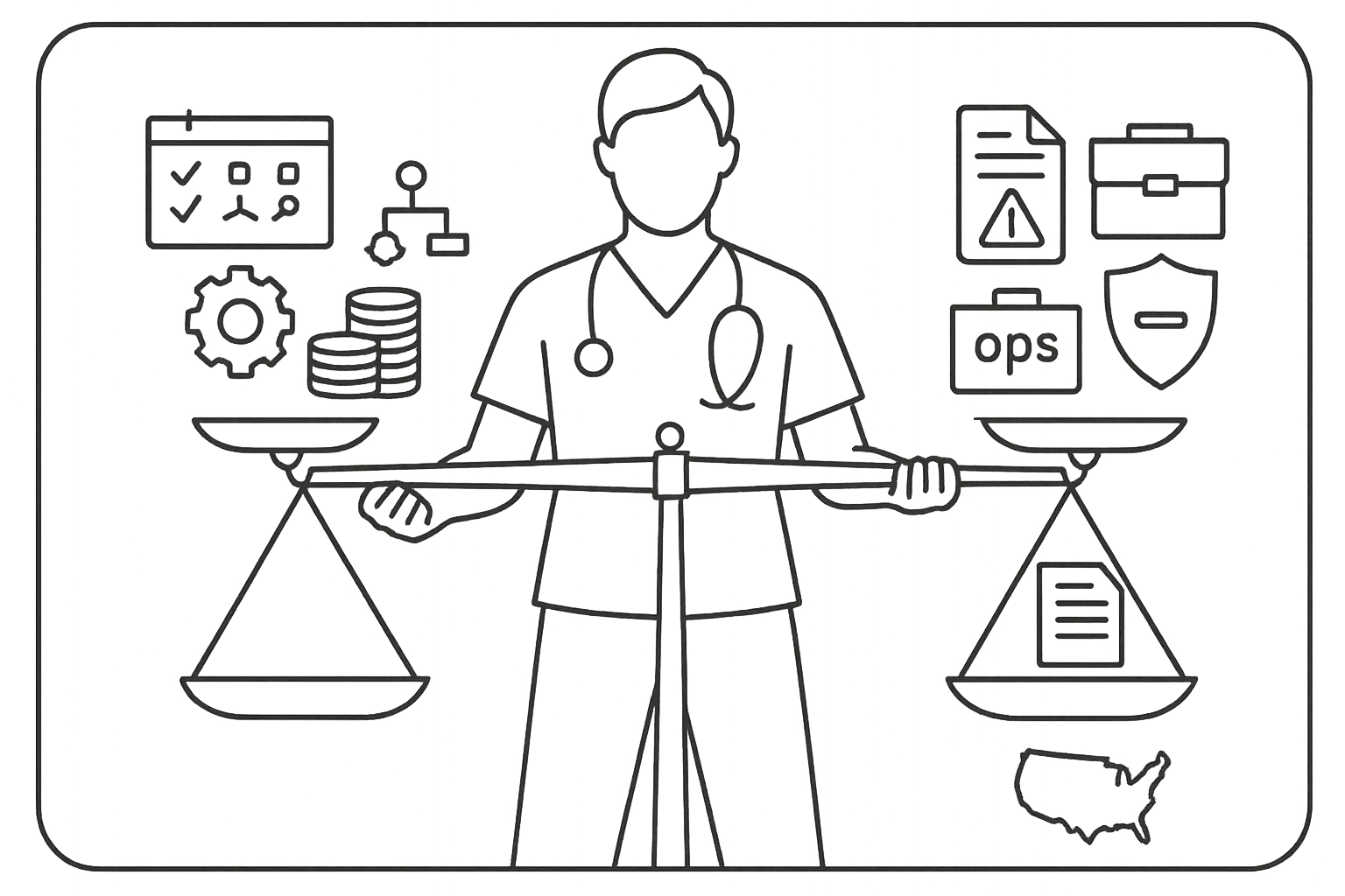 Nurse practitioner holding a balance scale with icons of income and liability.