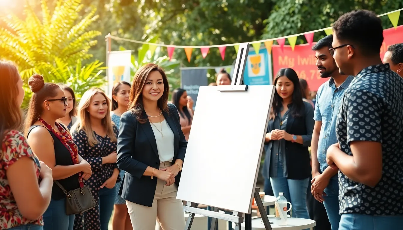 Marcyrose44 engaging with an audience at a vibrant outdoor community event.