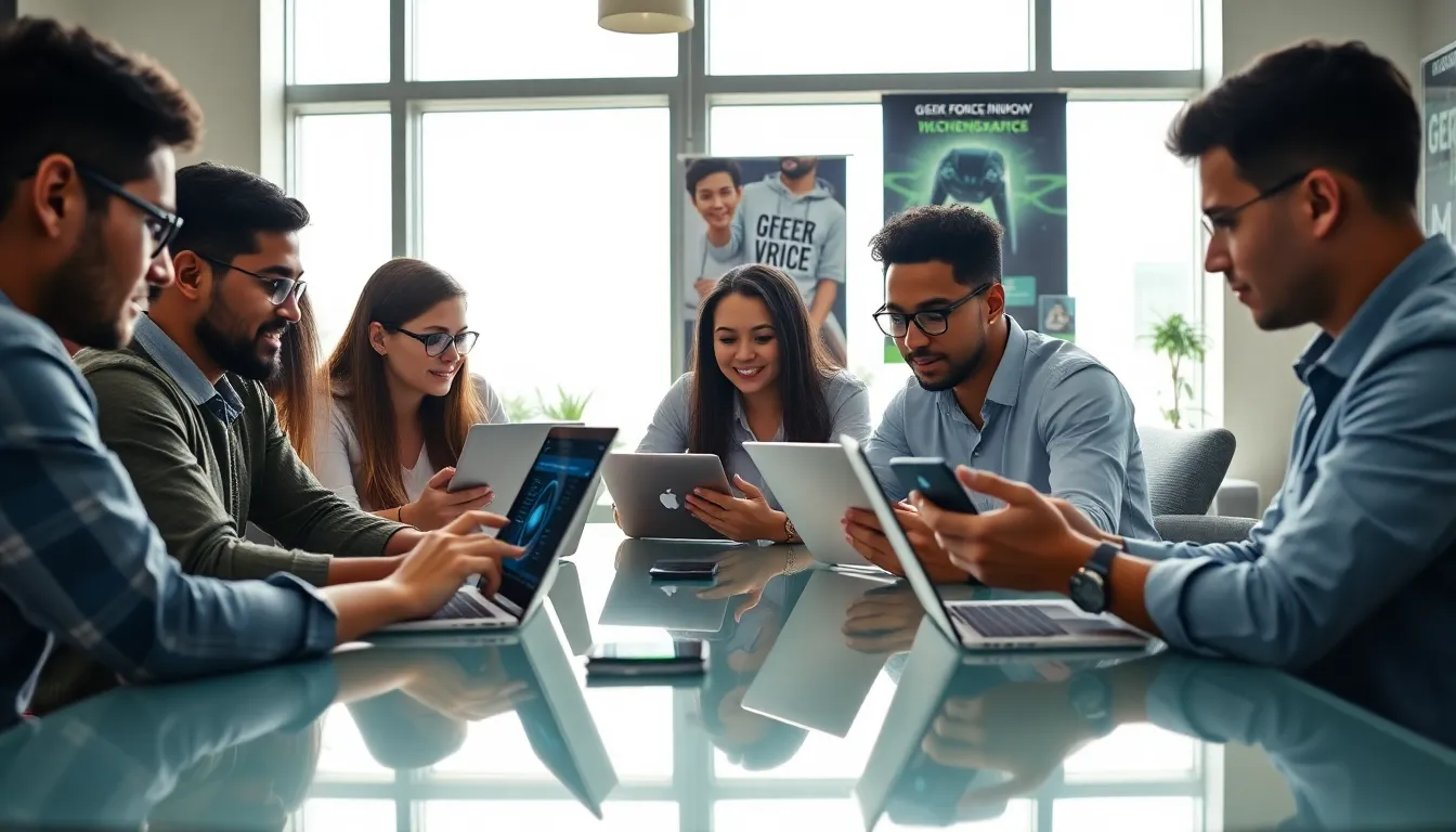 diverse group of tech enthusiasts exploring a website in a bright office.